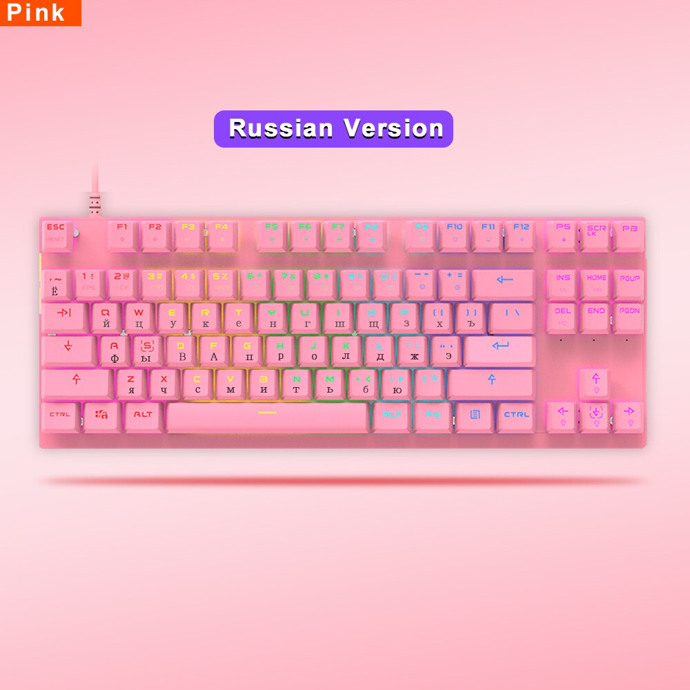 Oryginalna mechaniczna klawiatura gamingowa Motospeed CK82 USB przewodowa 87 klawiszy z podświetleniem RGB czerwony/niebieski przełącznik dla komputer stancjonarny Gamer: Pink Russian / Czerwony Przełącznik