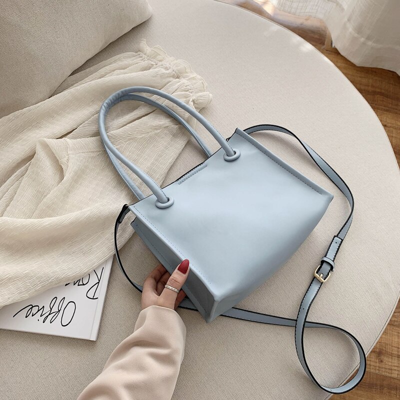 Female Solid Color Simple Pu Leather Crossbody Bags for Women Shoulder Handbags Lady Summer Small Totes Bolso Mujer: Blue