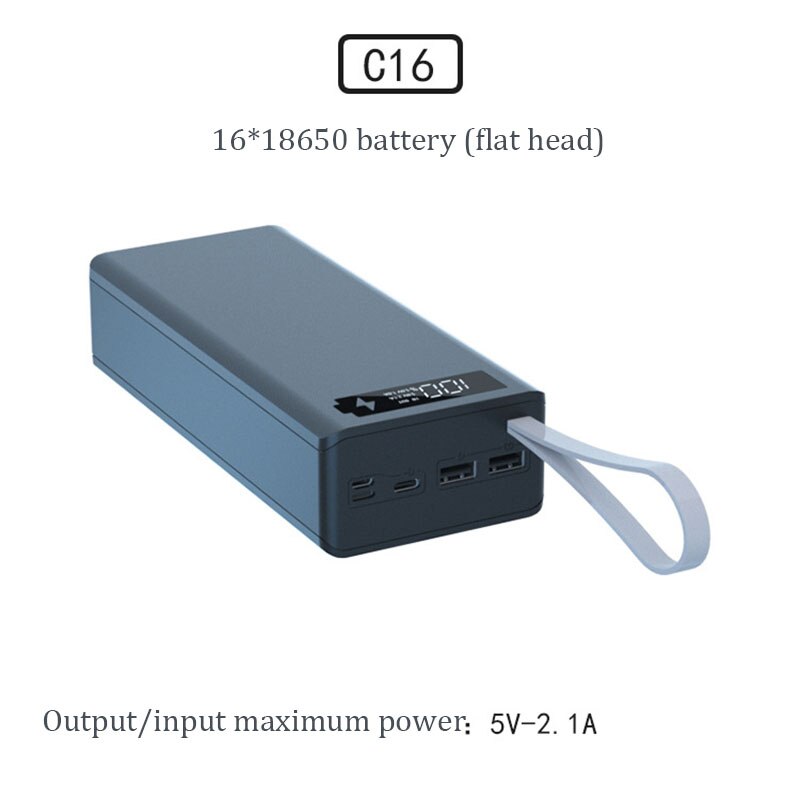 Caja de cargador de batería desmontable de 16x18650, carcasa de Banco de energía artesanal, soporte de carga rápida e inalámbrica, funda de Banco de energía sin batería: Narmal Black