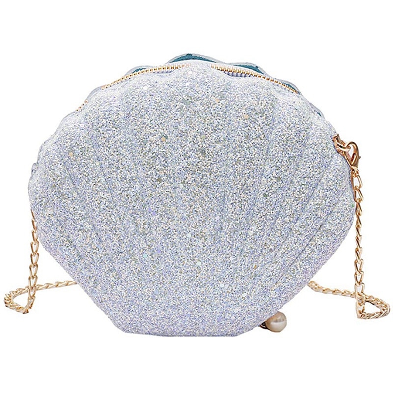 2Pcs Women Girls Little Mermaid Seashell Purse Cross-Body Shoulder Bags Glitter Sequins Chain Evening Purse, Pink & White