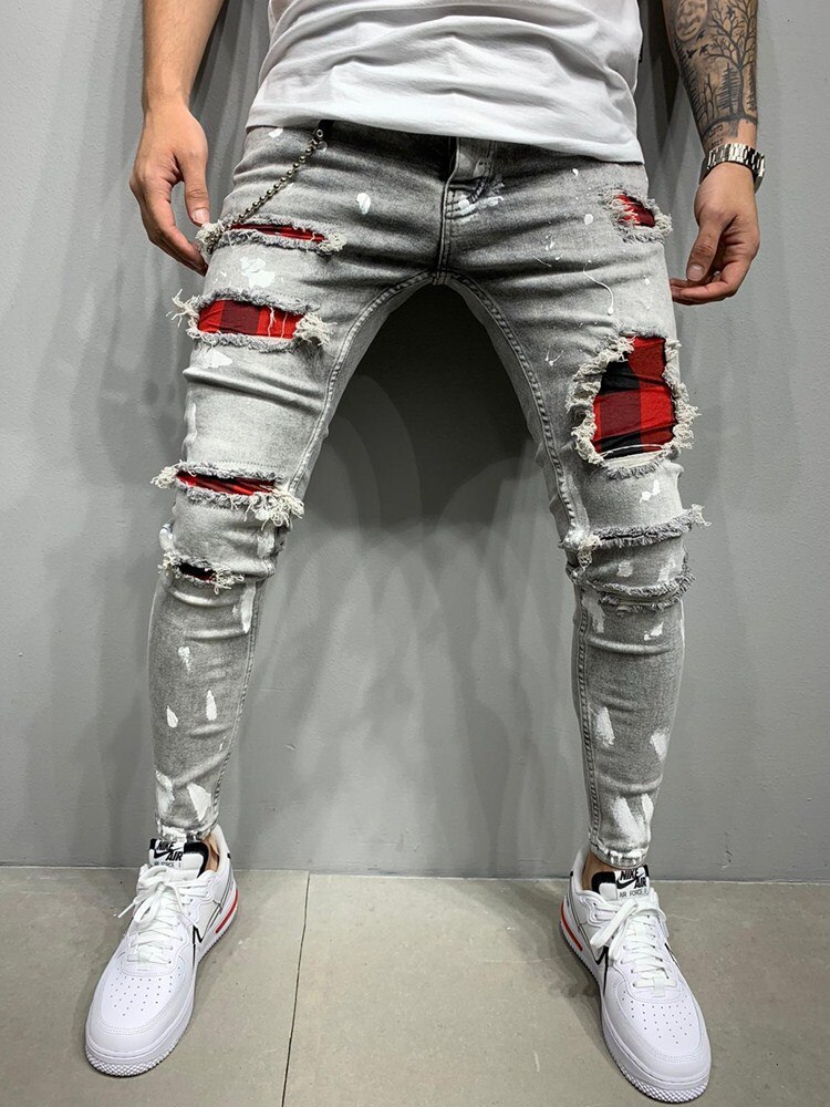 Pantalones con rasgado para hombre, pantalones vaqueros con rasgado y estampado de rejilla, con parche, tamaño grande S-3XL