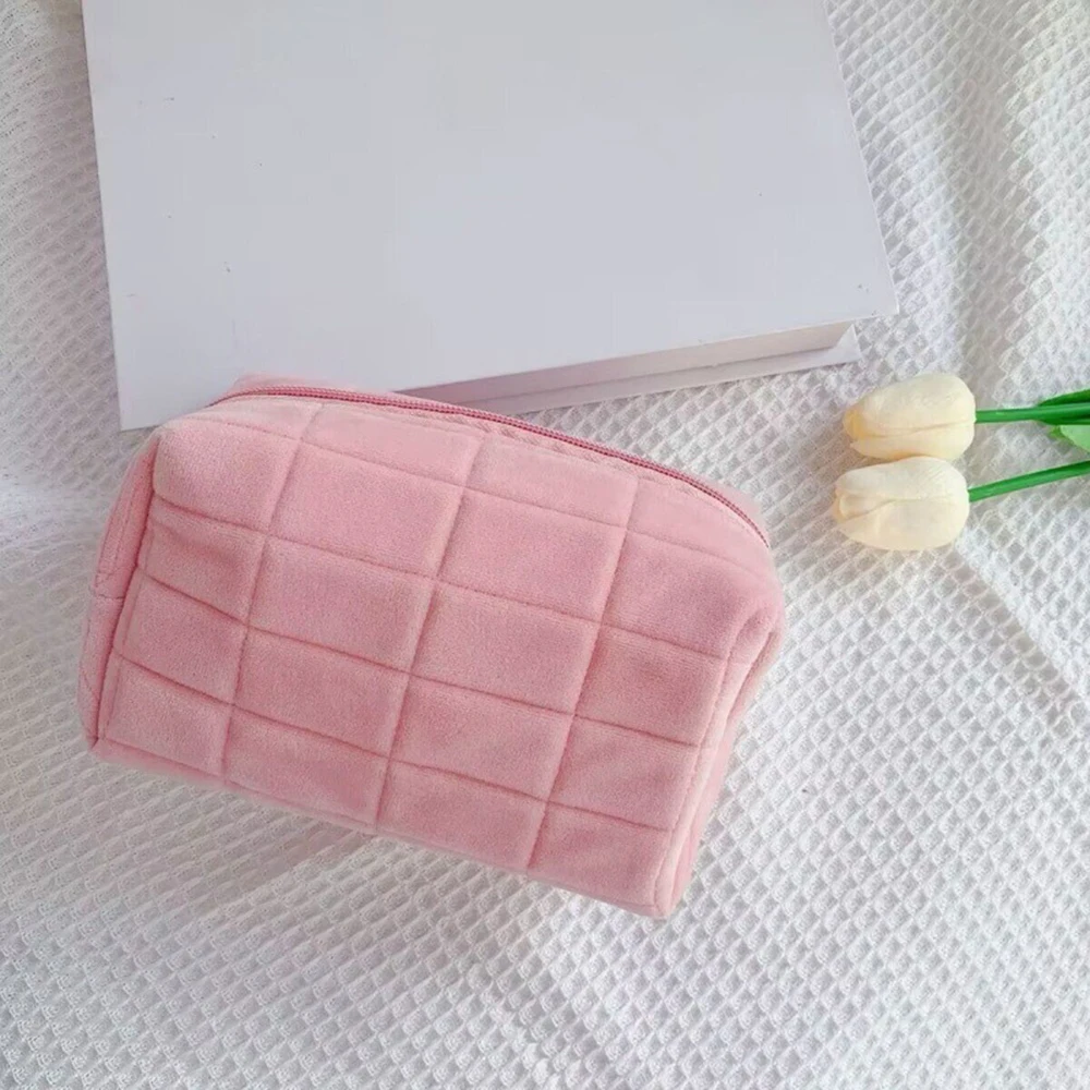 Cute Plush Makeup Bag for Women Portable Travel Small Cosmetic Bags Solid Color Zipper Toiletry Bag Washing Pouch Storage Bags: Pink