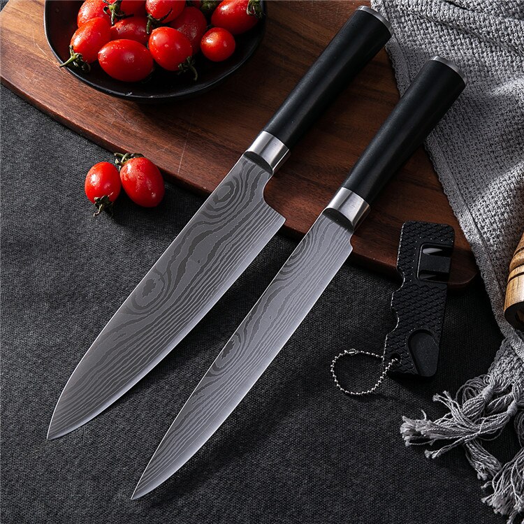 Køkkenknive damaskus årer rustfrit stål knive farve abs håndtag skæreværktøj santoku udskæring kokkekniv med sliber: 3 stk