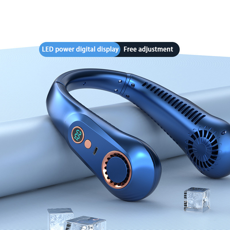 Bärbar mini hängande halsfläkt 3000ma bladlösa halsbandsfläktar digital display kraftfull luftkylare usb uppladdningsbara elektriska fläktar: Marinblå