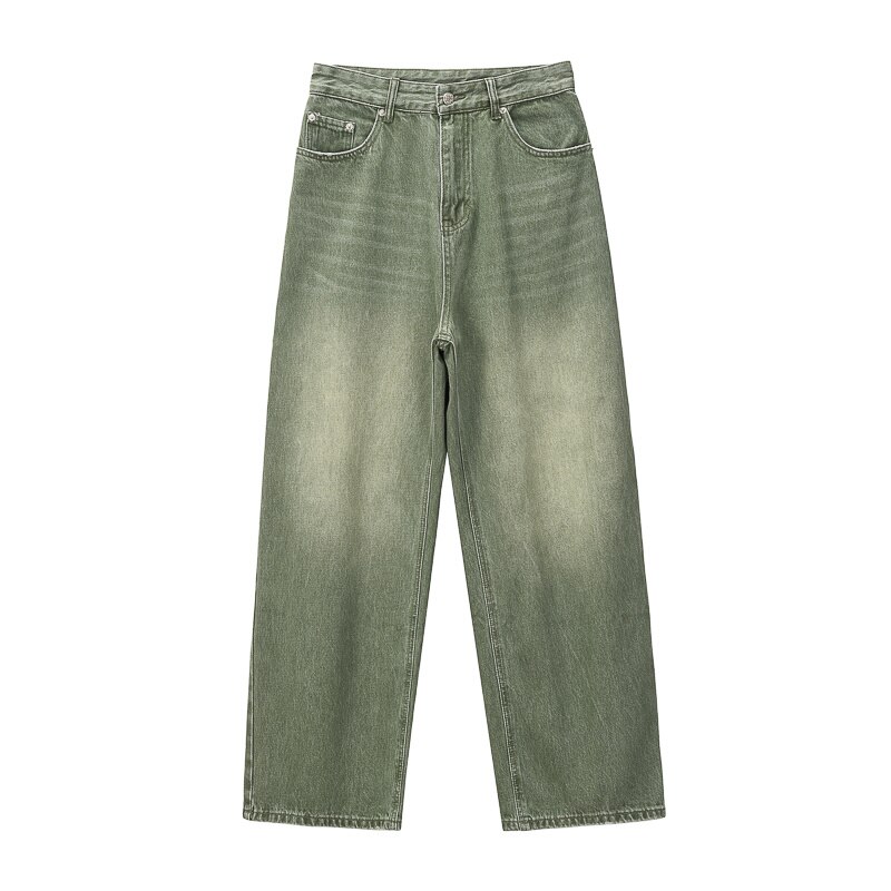 IEFB Vintage Men&#39;s Straight Mid Waist Green Jeans 2022 Spring Casual Loose Distressed Denim Long Pants Wide Leg Trousers