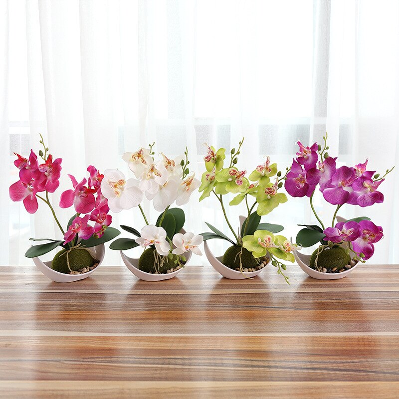 Kunstig sommerfugl orkidé potteplanter silke blomst med plastik potter mos hjem balkon dekoration vase sæt bryllup dekorative