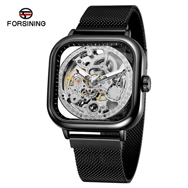 Forsining Mannen Automatische Horloge Vierkante Slanke Roestvrijstalen Gaas Band Mechanische Skeleton Horloge Klok: Type 2