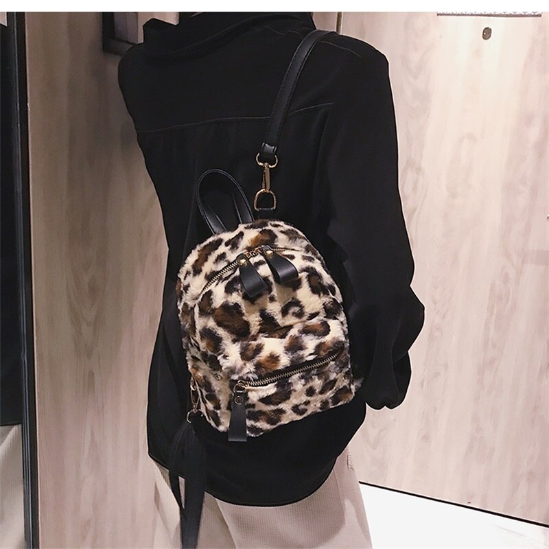 Hisuely leopard print små ryggsäckar för kvinnor mini ryggsäck barn ryggsäck resekedja plysch väskor vinter bokväska
