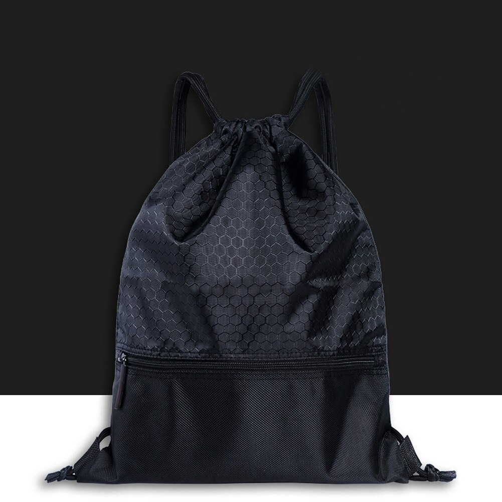 Women Men Anti-splash Zipper Pocket Wear Resistant Practical Sports Backpack Large Capacity Drawstring Lock Solid Travel Nylon: Black