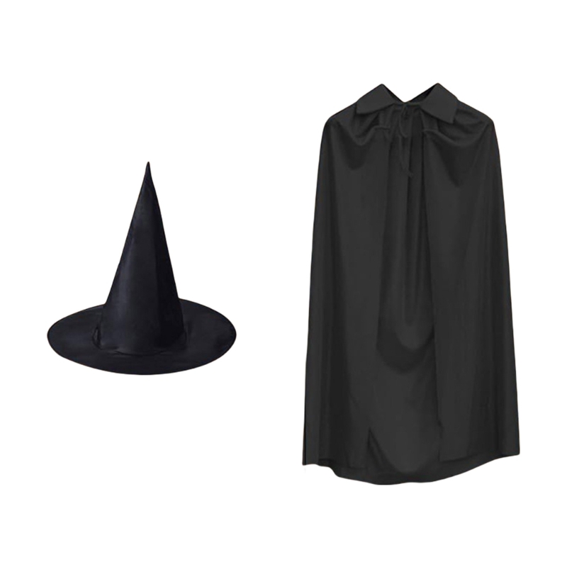 Mantello nero Cosplay Mantello lungo medievale Festa di Halloween Donna Uomo Adulto Lungo mago Stregoneria Wicca Abito cappello set Costume da strega: Default Title