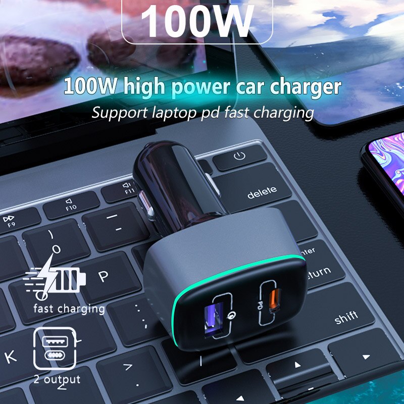 Utbvo 100W 2 Poort Snelle Auto-oplader Met PD100W Power Levering &amp; 22.5W Quick Charge 3.0 Lading telefoon, tabletten, Schakelaar, Laptop
