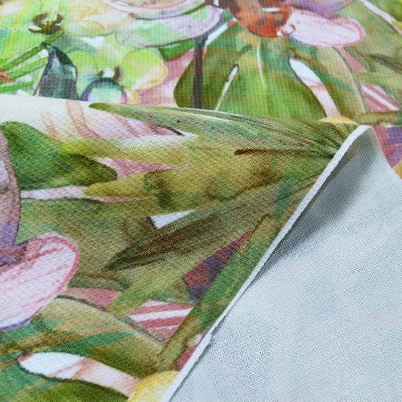 Tropisk plante flamingo digitaltrykk blomst blad fløyel sofa lenestol ottaman sofa interiør stoff dekorativ klut 140cm bred