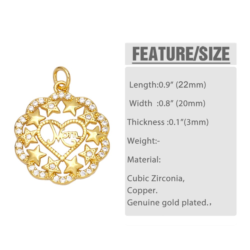 Ocesrio mother's day charm for jewelry making, gold-plated copper cubic zirconia, mother's day present pendant pdta 723