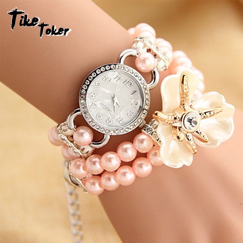 Tike Toker, dames parel bloem bracelt Vrouwen Horloges Brand Parel Quartz Armband Horloge Populaire stijl 8