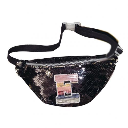 Trend Korean Children Girl Capital Letter Sequins Bum Bag Fanny Pack Crossbody Shoulder Bag Zipper Bum Bag Sequins Decor Bag: Black