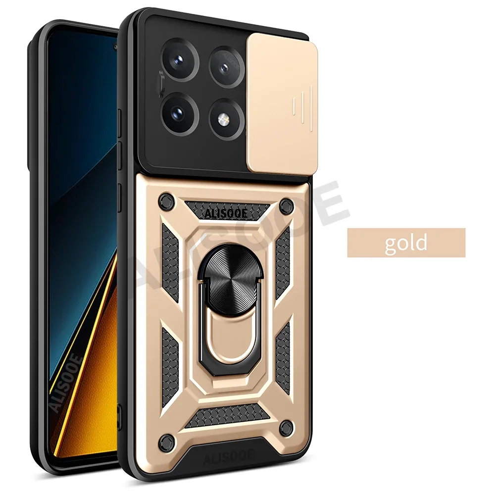 Funda For POCO X7 Pro / X6 Pro 5G Case Armor Slide Camera Lens Protection Cover for Xiaomi POCO X6 5G Ring Stand Shockproof Capa: Cotton / Beige