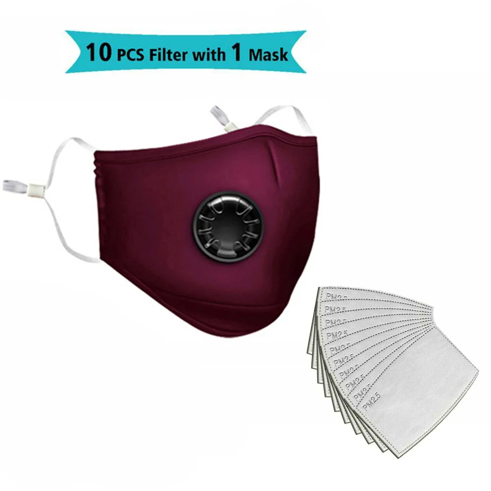Herbruikbare wasbare gezichtsmaskers met 10 vervangbare pm2.5-filter Mondstof Winddicht katoenen ventielmasker met brilmasker: MULTI