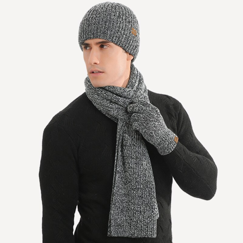 Høst og vinter varm dress blandet farge strikket herre ull tykk lue skjerf herre hansker tre for menn