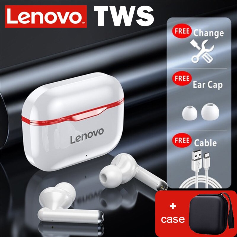 Lenovo LP1 TWS Earphone Bluetooth 5.0 Wireless Headset Waterproof Sport Earbud Noise Cancelling Headphones Dual Stereo HIFI Bass: red with case