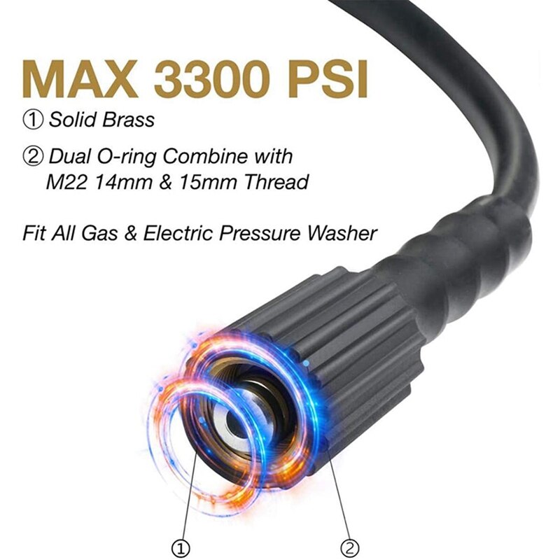 50 FTX 1/4 Inch, High Pressure Washer Hose 3300 PSI, M22 14mm and M22 15mm, Replacement Power Washer Hose