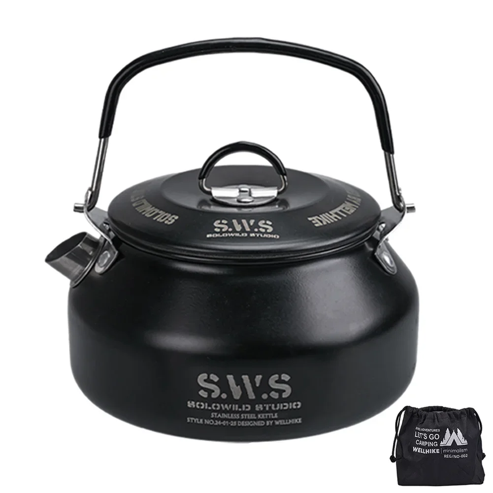 Roestvrijstalen waterkoker 0,8L Draagbare ultralichte wandelwaterkoker Outdoor koffiepot Reizen Camping Theepot Multifunctioneel kookgerei: zwart