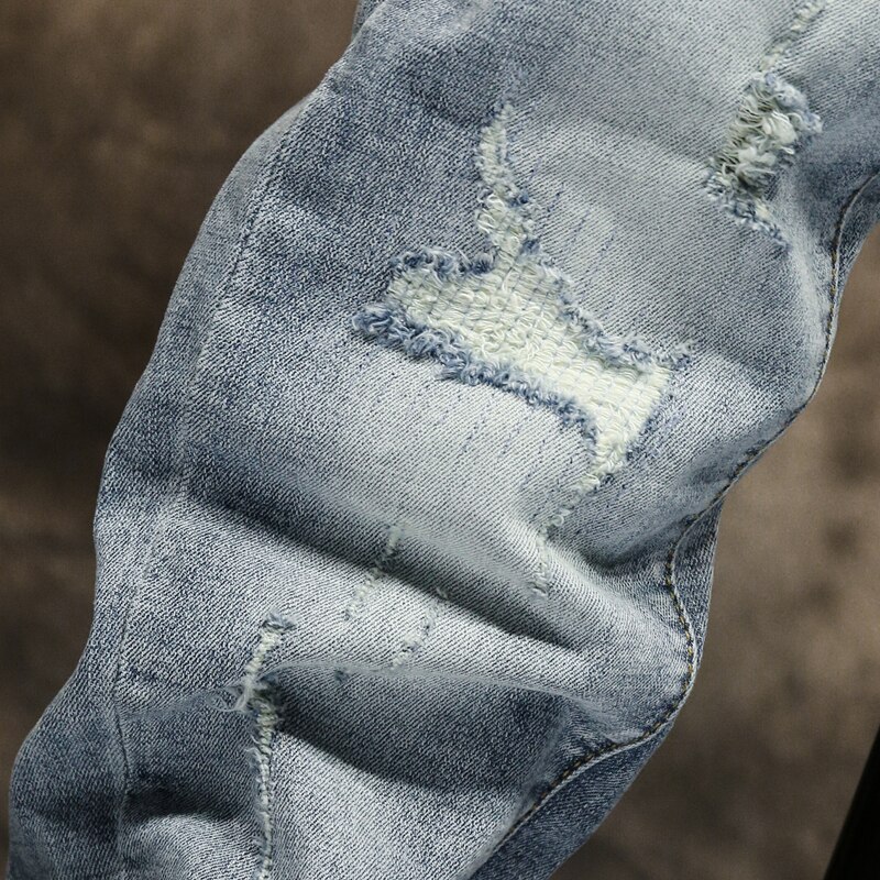 Porwane jeansy męskie chudy jasnoniebieski luksusowy styl męskie jeansy elastyczność szczupły dopasowanie postrzępione zwykły męskie spodnie spodnie jeansy dla motocyklistów