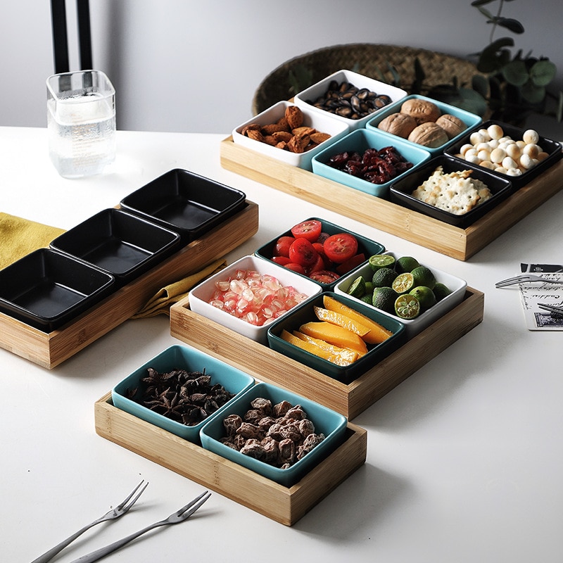 Ceramic Dessert Nut Snacks Plate Bamboo Wood Tray Multi Grid Dessert Plates Multifunction Foods Classify Snack Dishes