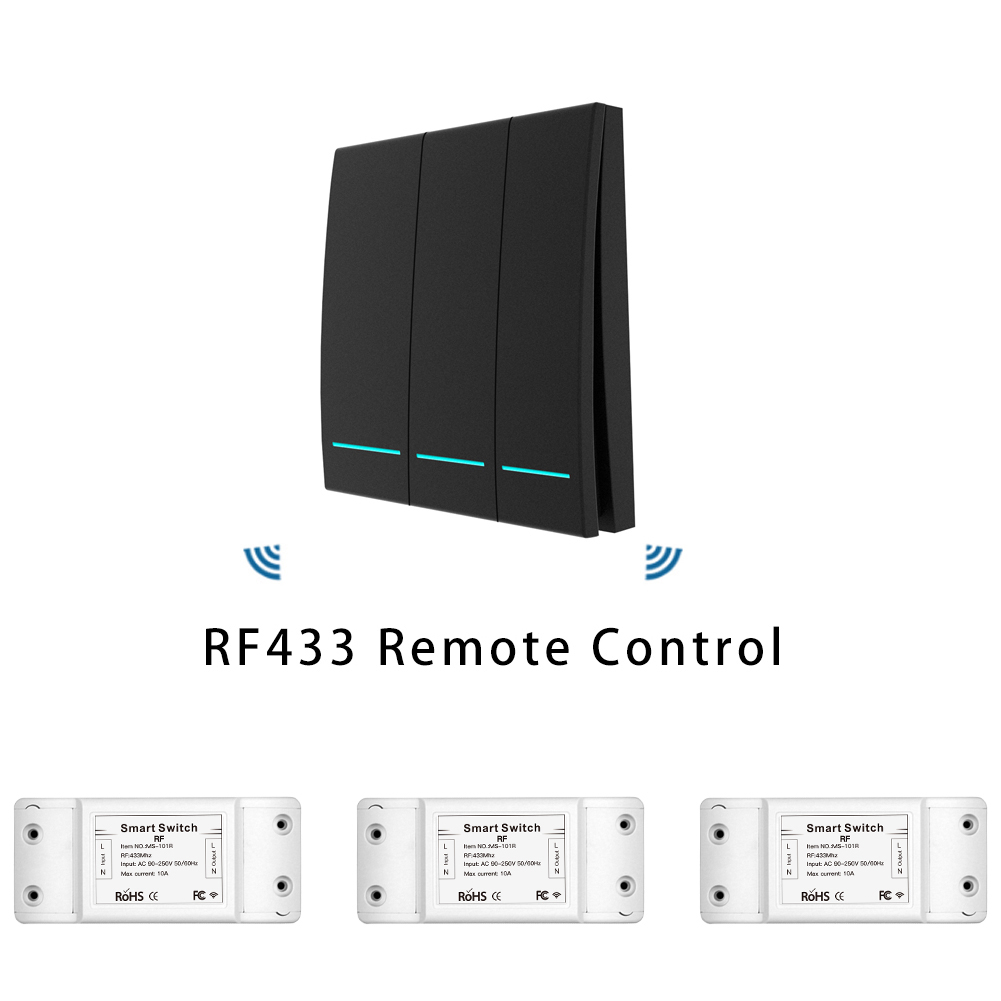 433Mhz Draadloze Smart Switch Rf Afstandsbediening Ontvanger Drukknop Controller Wandpaneel Zender, 2 Way/3 Way Multi-Controle: Black Kit 3