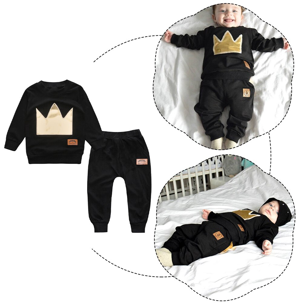 Infant Boy's Clothes Set Autumn Newborn Baby Clothing Crown Print Long Sleeve Top + Pants Toddler Baby Autumn Winter Suit