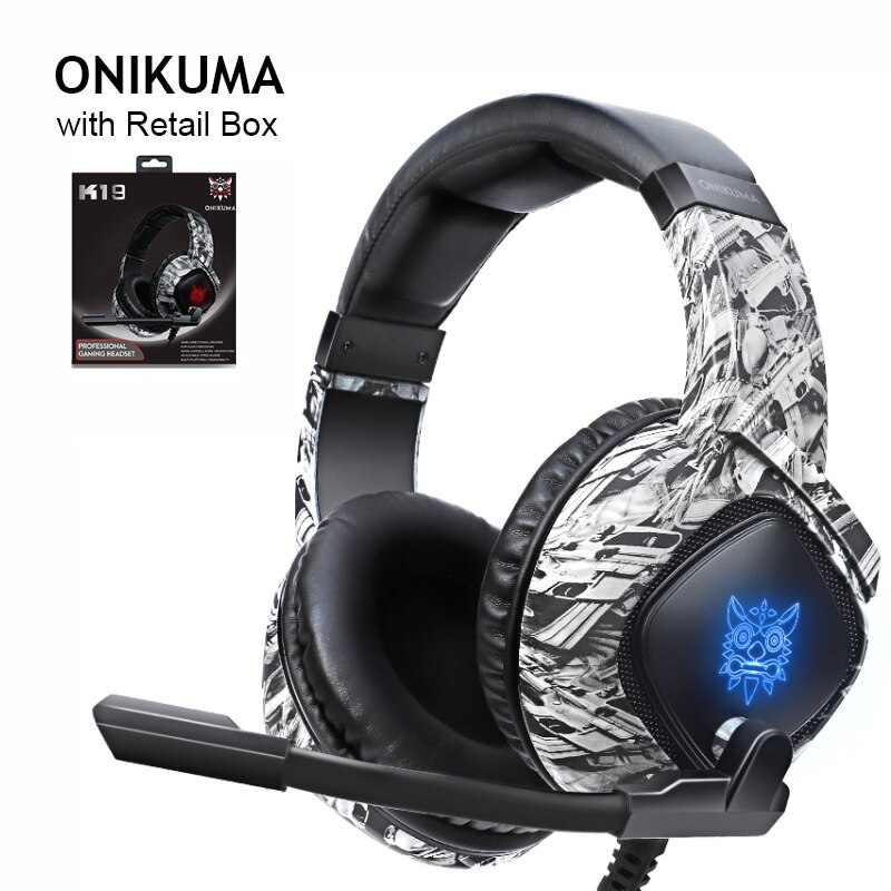 ONIKUMA K19 gamingowy zestaw słuchawkowy P S4 komputer dla graczy słuchawki Stereo Bass słuchawki z mikrofonem LED dla Xbox One Laptop Tablet/telefon: camo grey with box