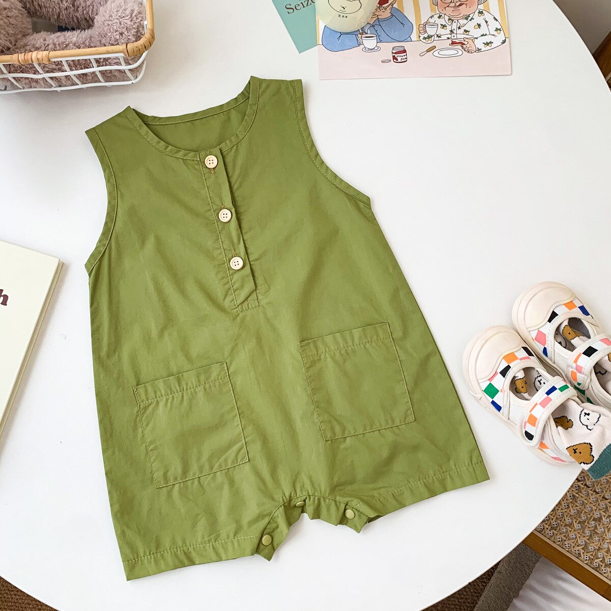 1563B Baby Clothes 2022 Summer New Buttoned Sleeveless Boy&#39;s Straight Climbing ClothesThin Solid Color Baby Girl Bodysuit: Green / 80 for 1y