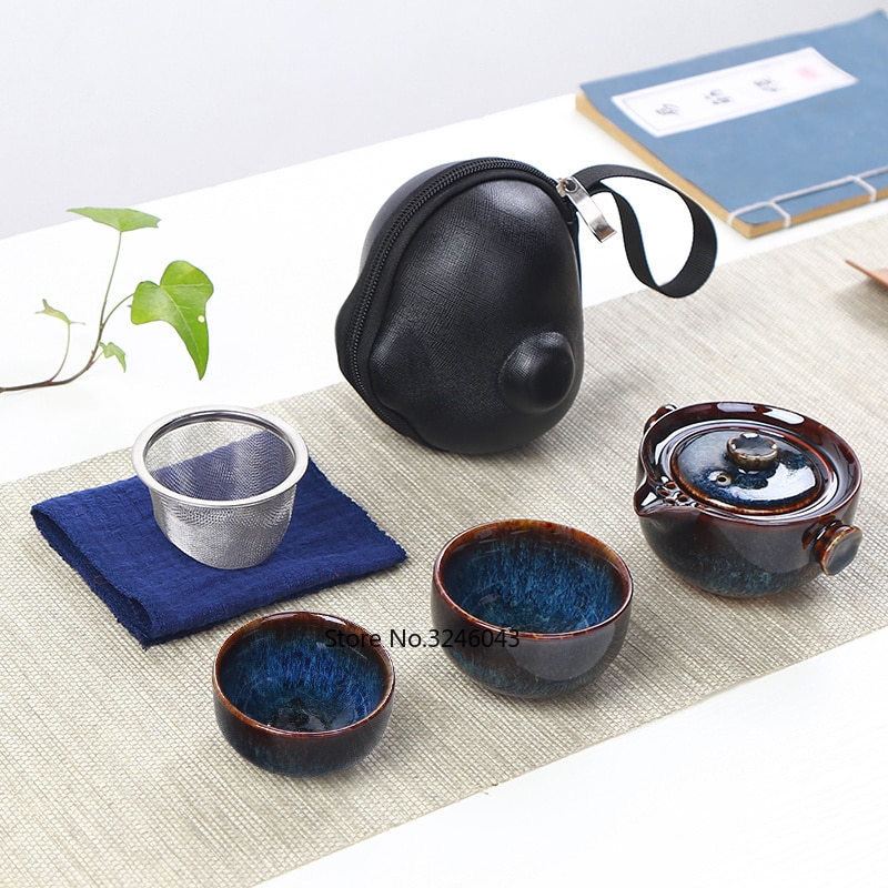 Service à thé de voyage | Four japonais, changement rapide de tasse, une théière, deux tasses, étui de transport en plein air, théière kungfu en céramique