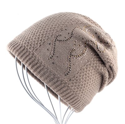 Varm strik beanie med rhinestones vinter dobbelt foring hatte til kvinder fletning ensfarvet skullies beanies dame kasket: Khaki