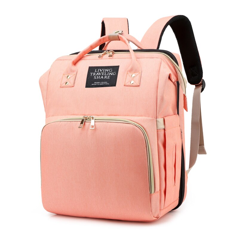 Diaper Bag Multifunctional Mom Baby Folding Bed Rucksack Mom Dads USB Backpack Nursing Handbag Stroller Traveling Knapsack: Pink