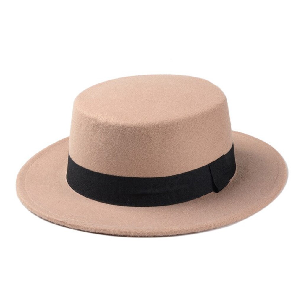 Wool Boater Flat Top Hat For Women Felt Wide Brim Fedora Hat: Beige