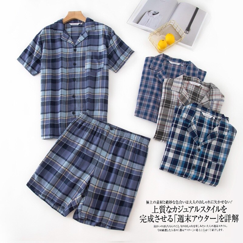 Verão masculino 100% algodão pijamas conjuntos de pijama de xadrez casual masculino terno de gola redonda manga curta cardigan camisa &amp; meia calças