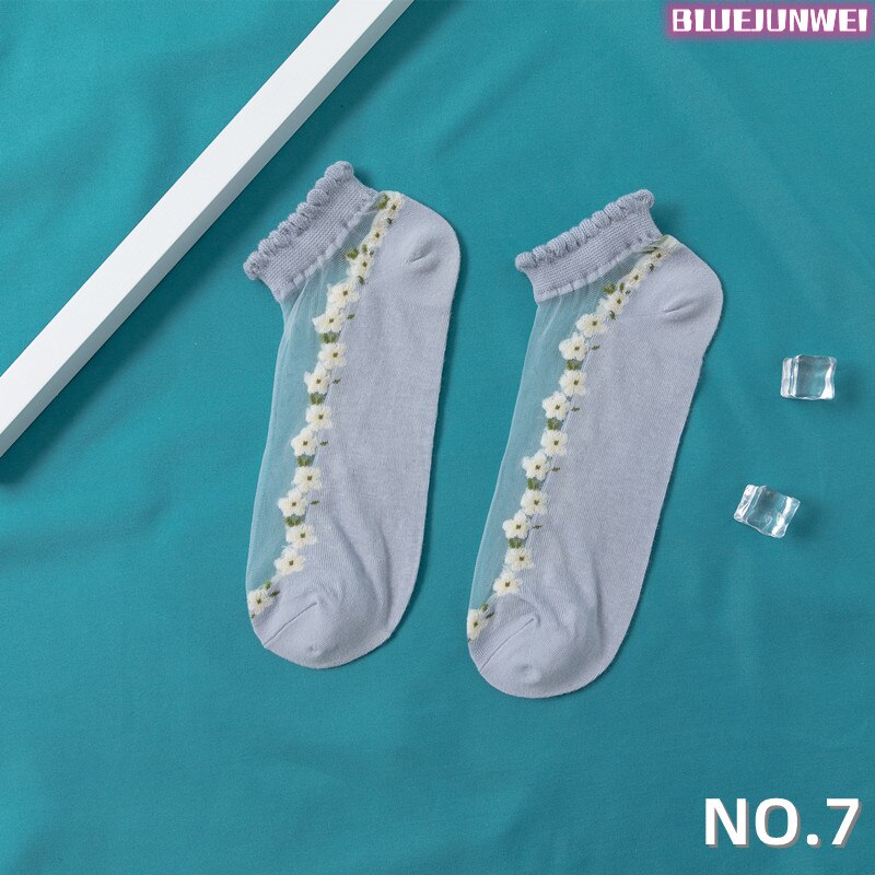 5 paires de chaussettes pour femmes, été, motif floral, chaussettes en soie, cristal, douces, en coton, respirantes, à la cheville: 7