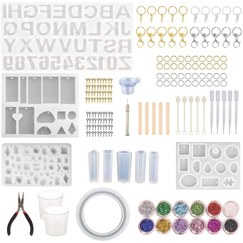 186 stykker startpakke med silikoneharpiksstøbningsforme, alfabetnummer silikoneform og værktøjssæt til harpiks smykker