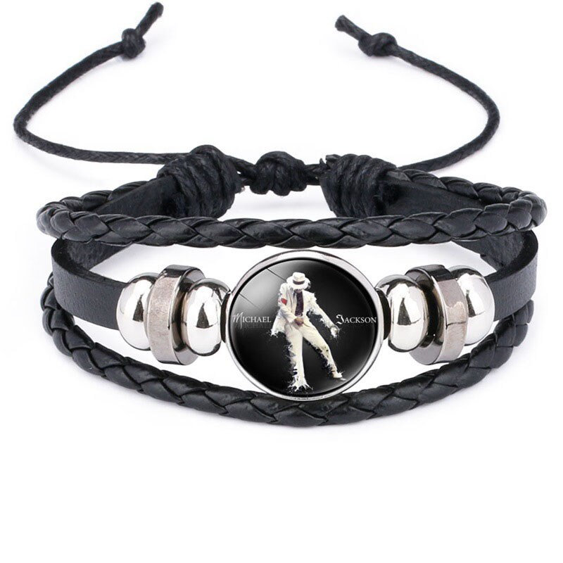 Pulsera de cuero hecha a mano de Michael Jackson, abalorios Pop Dancing King, cabujón colgante de vidrio, pulseras de cuero: 5