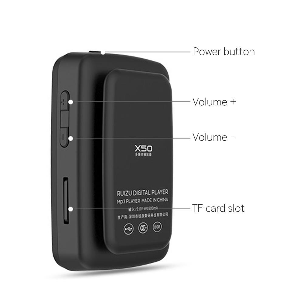 RUIZU-Mini reproductor Mp3 deportivo X50, 8Gb, para correr, música, con Radio FM/registro/E-Book, PK X06 X26