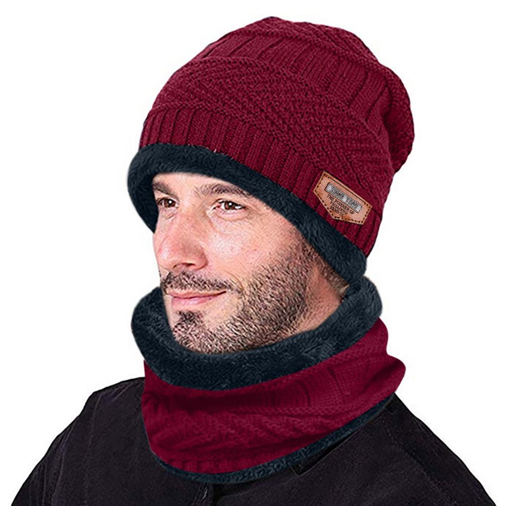 2 stycken vinterset herr varm mössa vinter tjock mössa och halsduk stickad vindtät keps unisex tillbehör skullies mössor