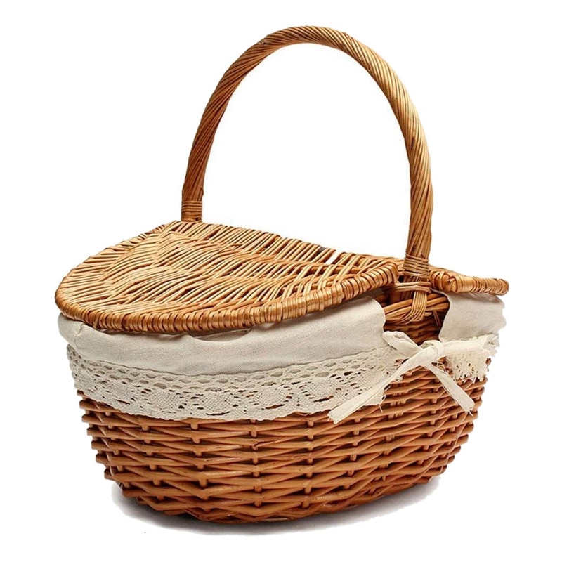 Handmade Wicker Basket with Handle, Wicker Camping Picnic Basket with Double Lids, Shopping Storage Hamper Basket with Cloth Lin: Default Title