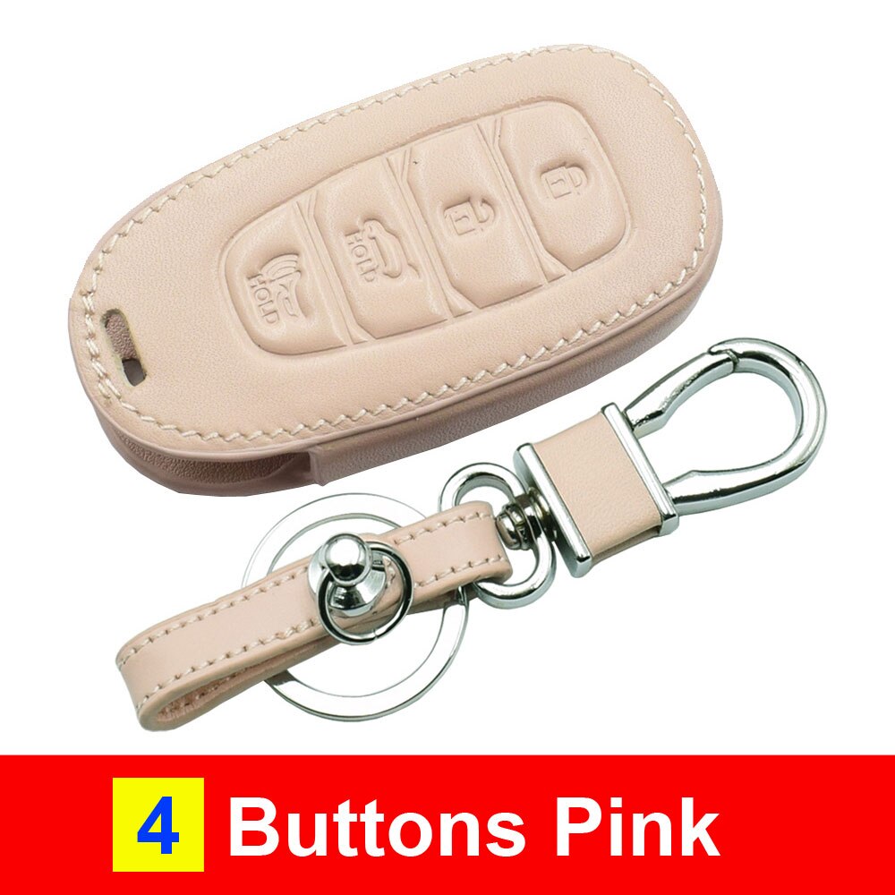 Funda de cuero para llave de coche Hyundai Kona Santa Fe TM 4 botones Smart Prox sin llave cubierta de mando de llave a distancia llavero Protector: 4 Buttons Pink