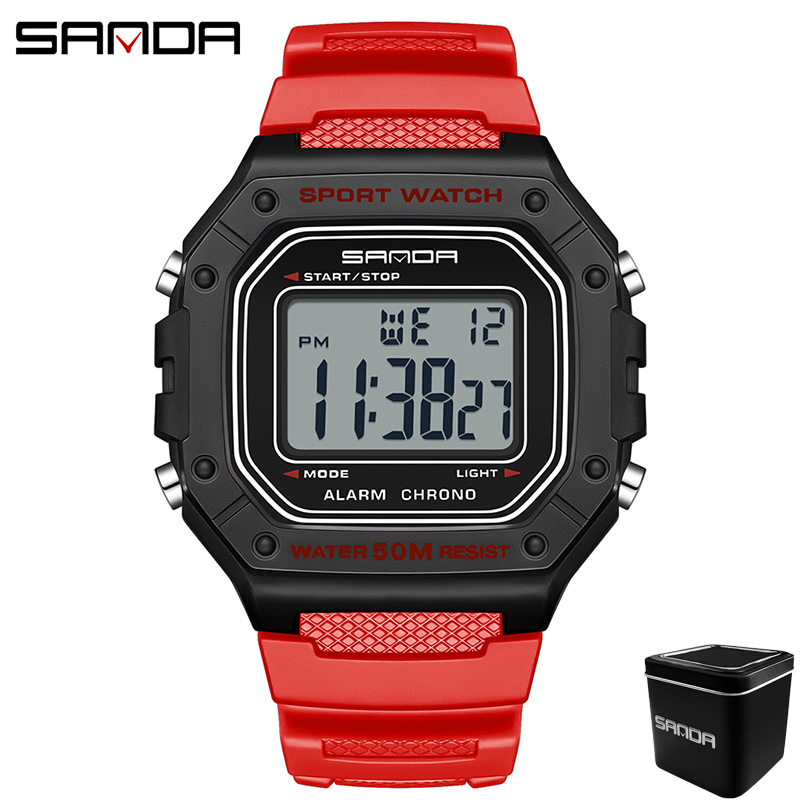 SANDA 2156 Herrenuhr, neues Modell, elektronisches digitales Uhrwerk, rechteckiges LED-Anzeige, Zifferblatt, draussen-Sport, wasserdichte männliche Armbanduhr: Rosa