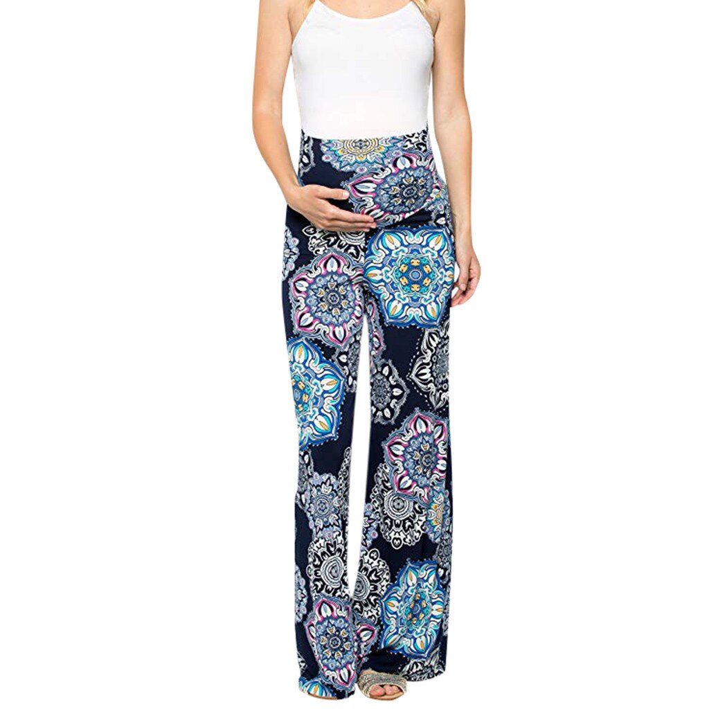 Women's Maternity Pants Wide Straight Lounge Pants Printing Stretch Pregnancy Trousers Loose Wide Leg Pants