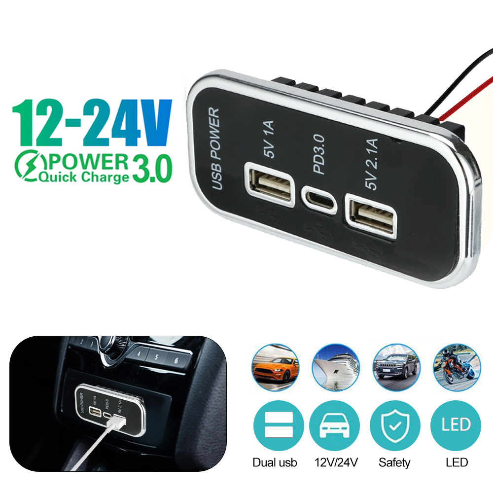 12v usb-uttak , pd3.0 type c-porter , qc3.0 og 2.4a usb a-lader 3 porter hurtigladekontaktpanel for bil, motorsykkel, marin lastebil: Hvit