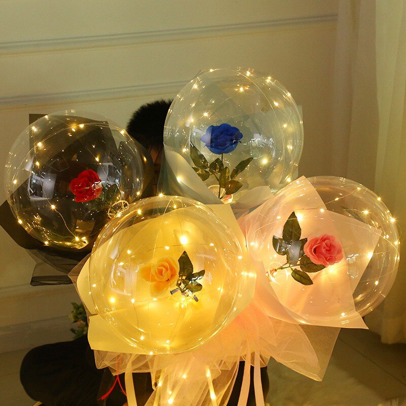 LED Luminous Balloon Rose Bouquet Transparent Bobo Ball Rose Valentines Day Birthday Party Wedding Decorations Balloons