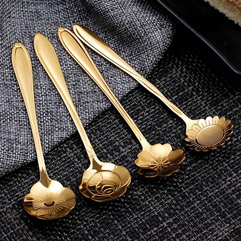Tableware Coffee Stirring Spoon Ceramic Handle Flower Scoop Stainless Steel Gold Plated Cherry Rose Spoons Kitchen Tools