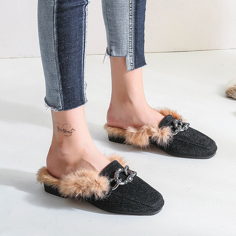 Women Glitter Slides Home Winter Fur Slippers Paillette Furry Flipflops Ladies Low Square Heels Mules Cover Toe Rabbit Fur Shoes