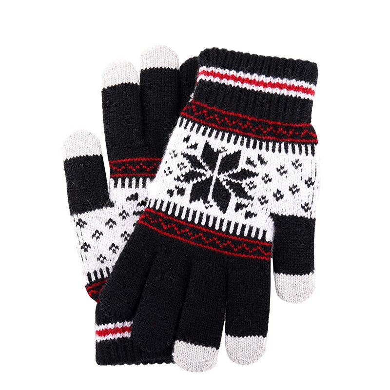 Julekashmir uldstrikkede handsker vinterhandsker til mand og kvinder plus tykke strikkede håndled med fem fingre: Sort